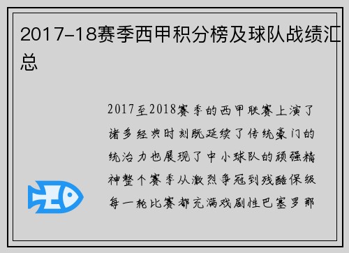 2017-18赛季西甲积分榜及球队战绩汇总