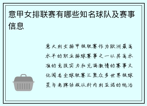 意甲女排联赛有哪些知名球队及赛事信息